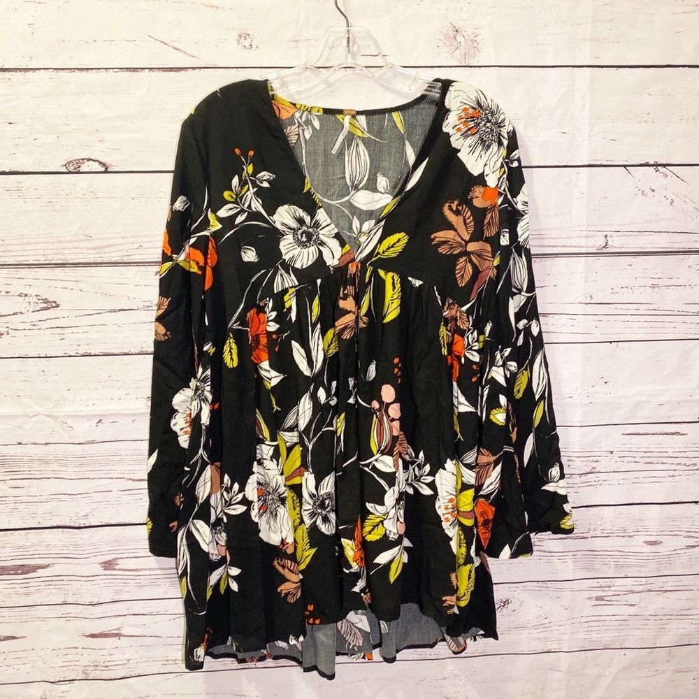 Free People Floral Deep V Tunic XS Flare Sleeve